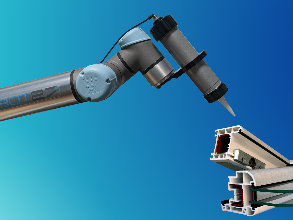 Adhesive dispensing robot with 300mL cartridge attachment.